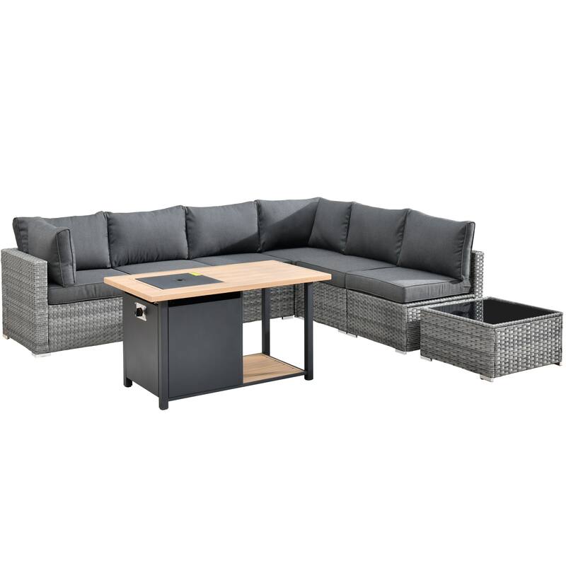 HOOOWOOO 8-piece Wicker Outdoor Patio Furniture Sofa Set Fire Pit Set