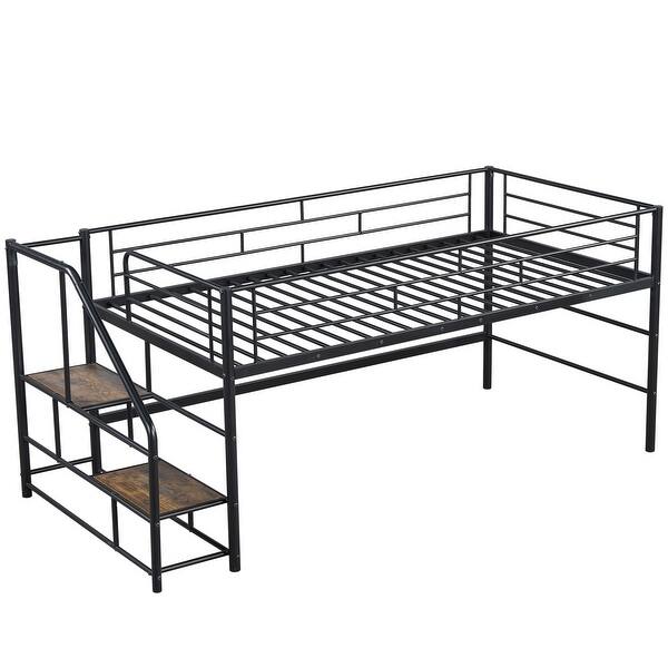 slide 2 of 10, Twin Size Mid Loft Bed with Storage Stairs, Black Black - Twin