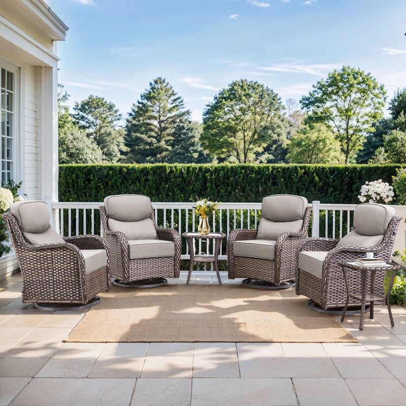 Pocassy Outdoor Glider Chairs Table with 5Inch 6Inch Cushion - Brown Wicker Grey Cushion - 6PCS Swivel Chair Table with 6 Inch Cushion