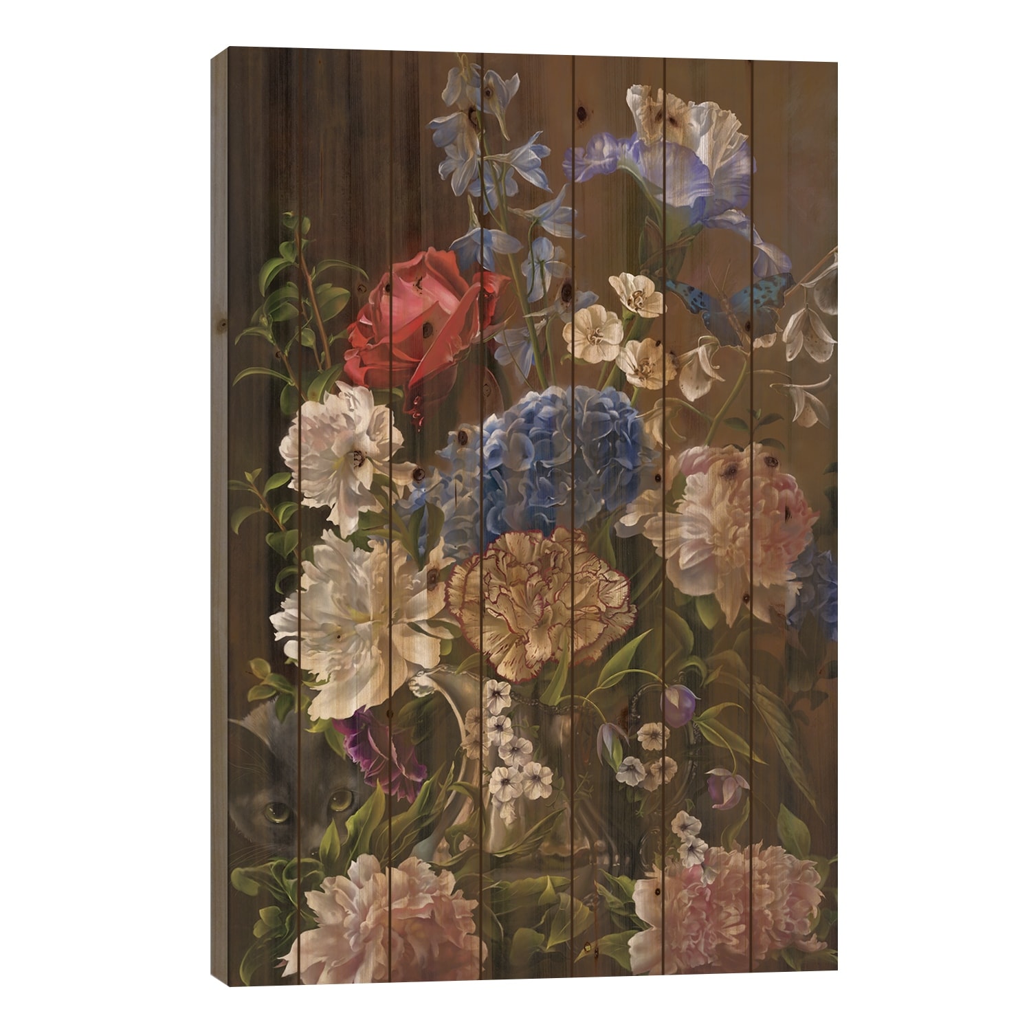 Bouquet In Blue Print On Wood by Nene Thomas - Multi-Color