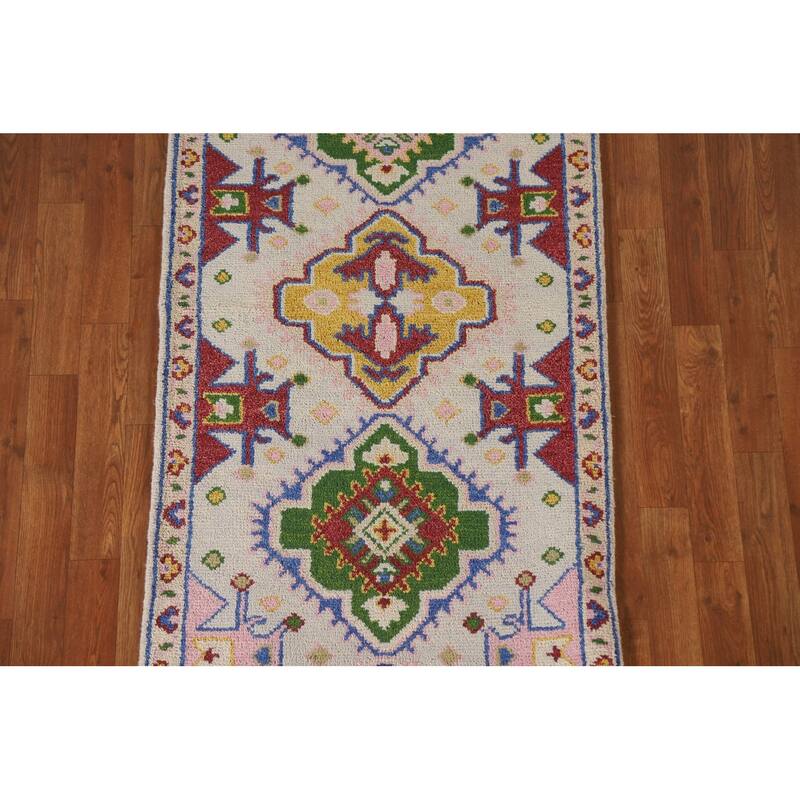 Tribal Geometric Kazak Indian Runner Rug Hand-knotted Wool Carpet - 2'7"x 7'11"