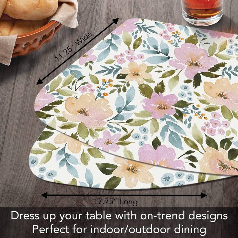 Cascade Floral Wedge Shaped Reversible Flexible Plastic Placemat 4 Pack Made in The USA 17.75" x 11.25" Colorful, Reversible