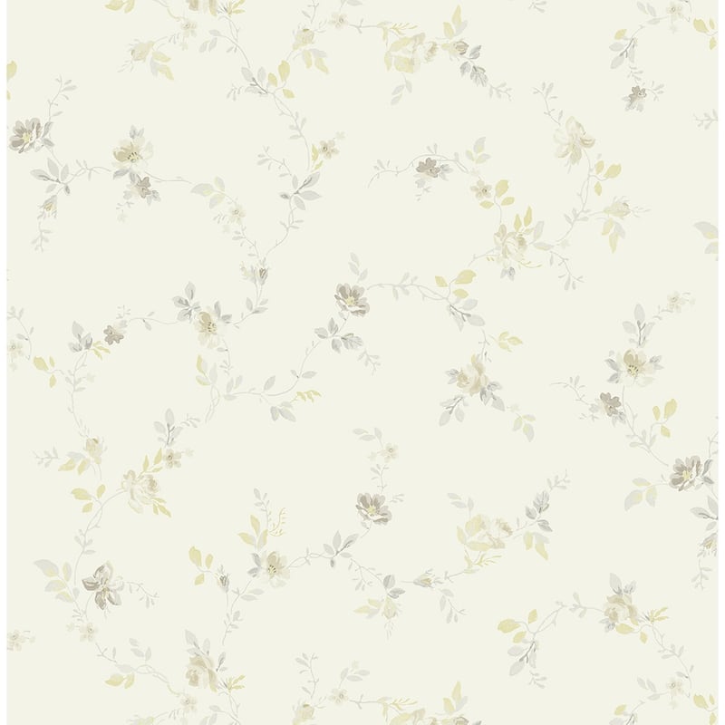 Seabrook Designs Ethelyn Floral Vine Unpasted Wallpaper - 20.5 in. W x 33 ft. L - Metallic Shortbread, Banana & Grey