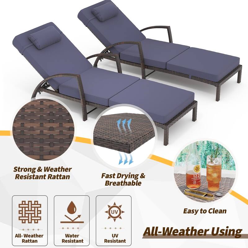 Outdoor Chaise Lounge Chairs Set of 2, Patio Rattan Reclining Chair with 5-Position Adjustable Backrest