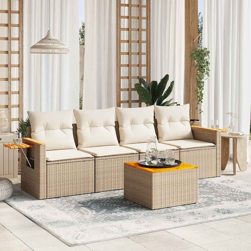vidaXL Patio Sofa Set with Cushions Outdoor Furniture 5 Piece Poly Rattan - 21.7 x 21.7 x 14.6 in - Beige and cream
