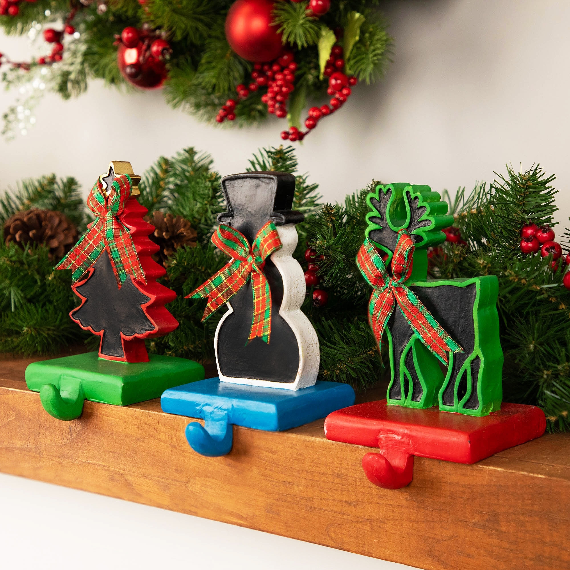 3 Reindeer, Tree, Snowman Chalkboard Christmas Stocking Holders 7"