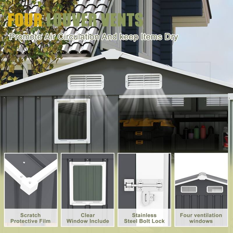 6x8FT Dark Grey Outdoor Steel Storage Shed with Lockable Doors