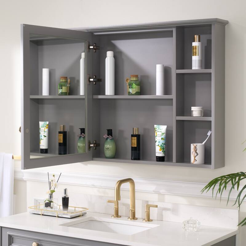 Modern Surface Mount Solid Wood Framed Medicine Cabinet With Mirror and Shelves