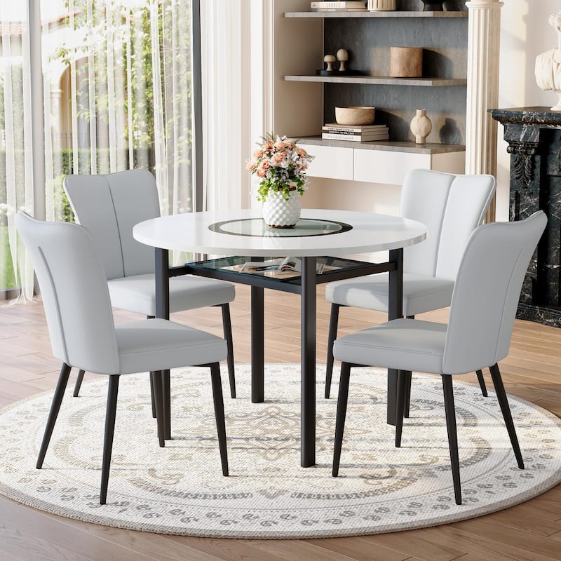 5-Piece Round Dining Table Set, 42" Kitchen Table and Chairs Set for 4 with Lower Storage Shelf