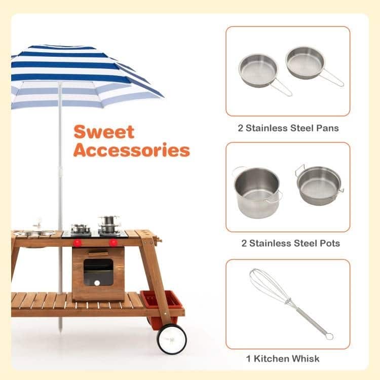 Brown-White-Navy Wooden Kids Play Cook Cart with Umbrella and Storage - 45" x 19" x 23"