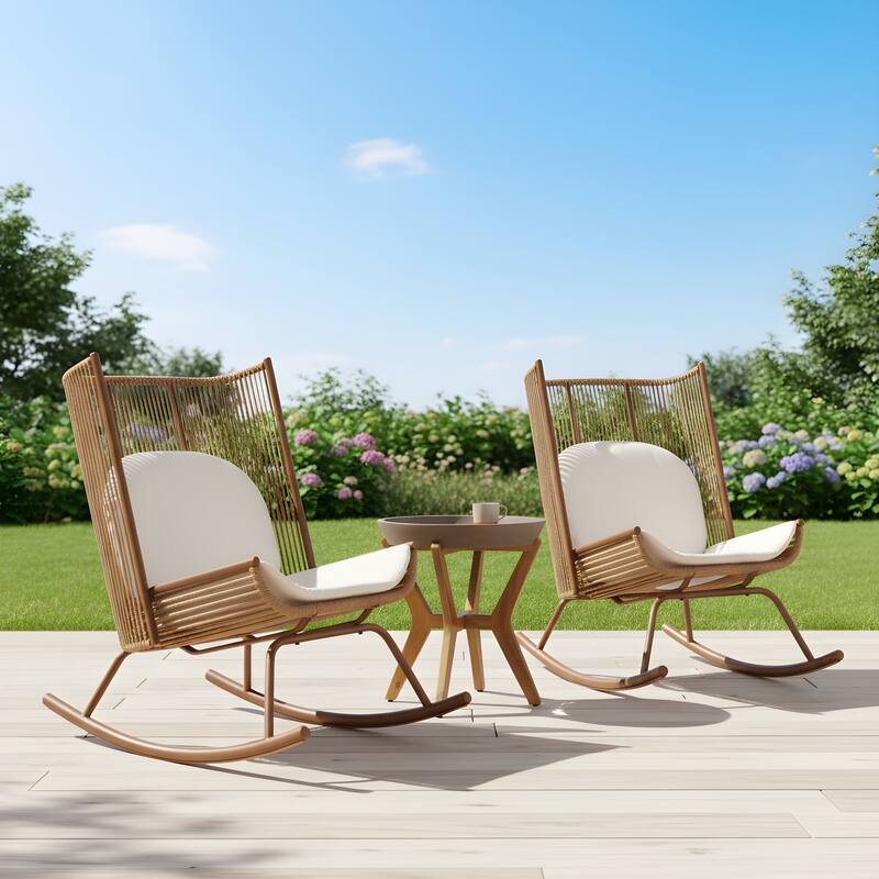 Christopher Knight Home - Modern Outdoor Rocking Chair (Set of 2) with PE Rattan and Accent Side Table Set - Brown+Grey