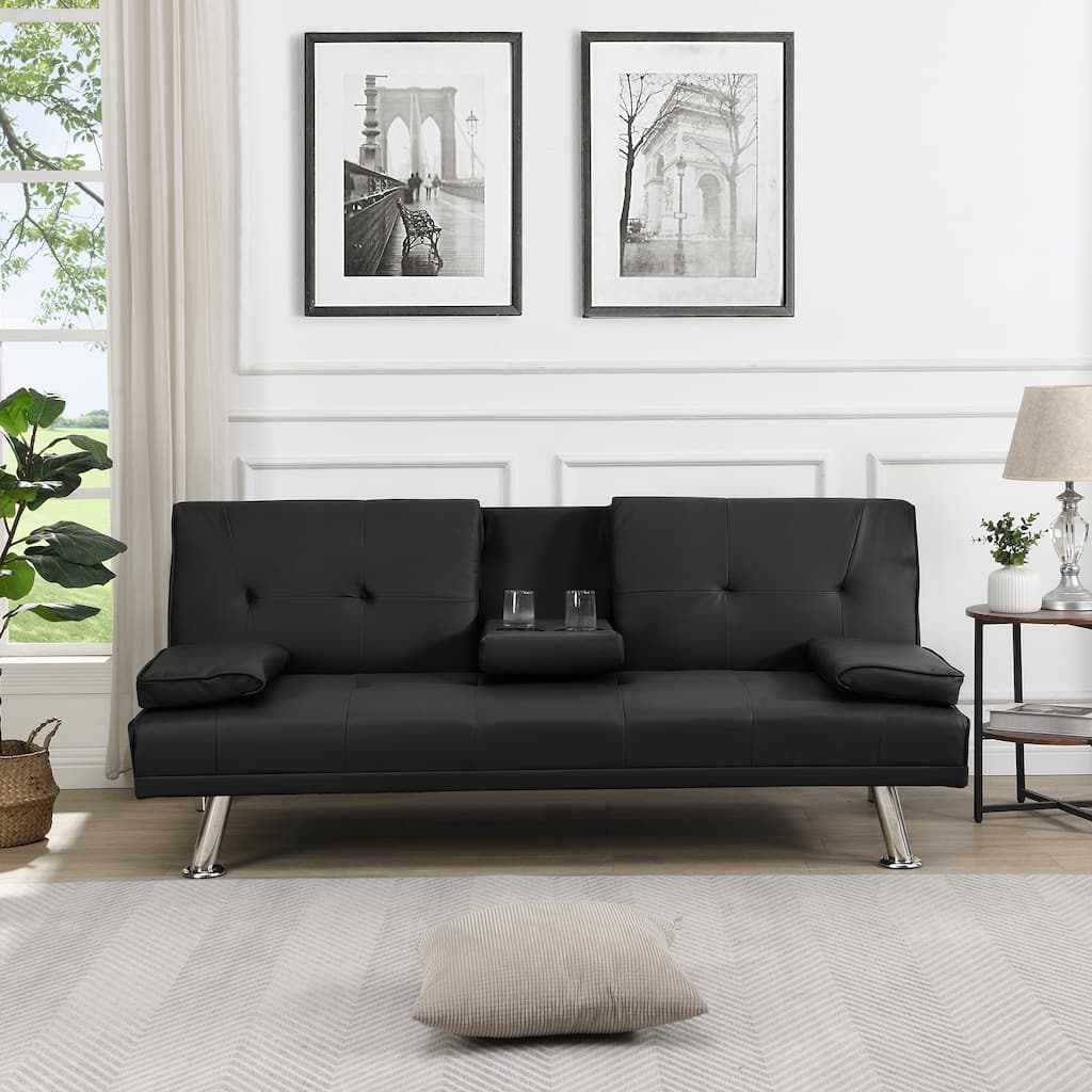 2-Seat Leather Sofa Bed with Armrests, Stainless Steel Legs, Wood Frame, Reclining Futon for Living Room, Office, Bedroom