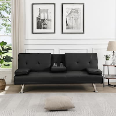 Sofa Bed with Armrests and Cup Holders, Leather Upholstery, Wood Frame & Stainless Steel Legs, Futon Design