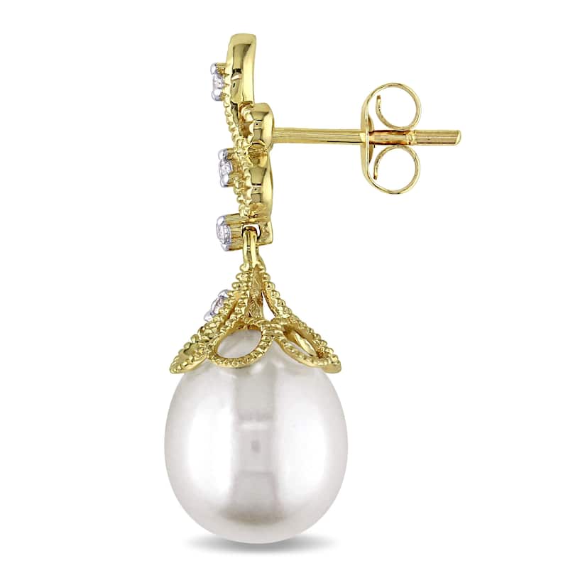 Miadora 9-9.5 mm Cultured Freshwater Pearl and 1/10 CT TW Diamond Vintage Drop Earrings in 14k Yellow Gold