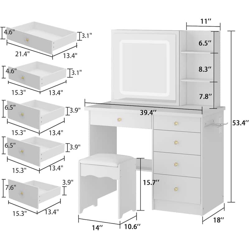 ELEMOVE Modern Dressing Tables with Built-in Lighted Mirror Makeup Vanity Desk Set Storage Drawers Shelves Outlets