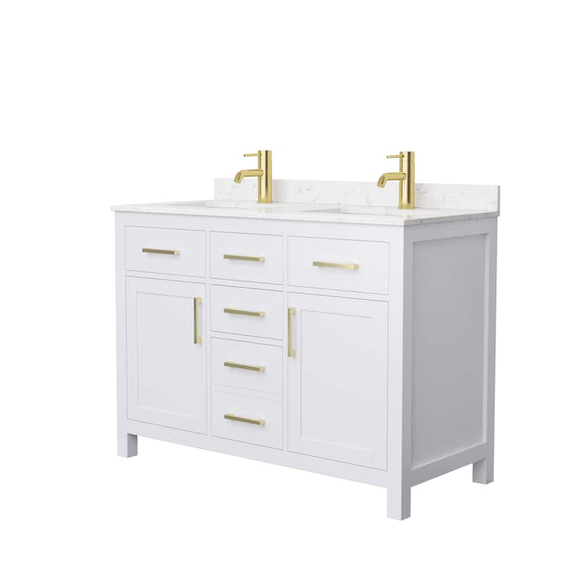Beckett 48 Inch Double Vanity, Cultured Marble Top - White, Gold Trim, Carrara Cultured Marble Top