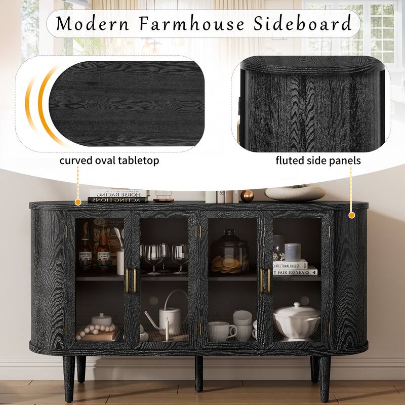 Accent Buffet Cabinet with Glass Doors and Adjustable Shelves, Curved Sideboard Cabinet for Kitchen, Dining Room Living Room