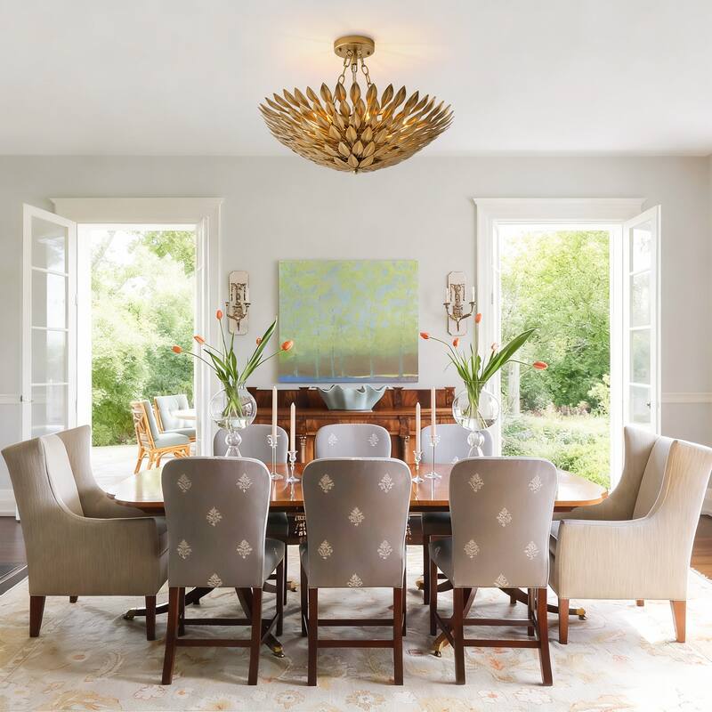 Antique Gold 6-Light Olive Leaf Convertible Chandelier Light - 22.05"W x 24.8"H