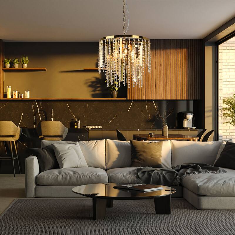 6-Light Modern Gold - Plated Crystal Chain Pendant Light for Living Room, Bedroom & Dining Room - Copper
