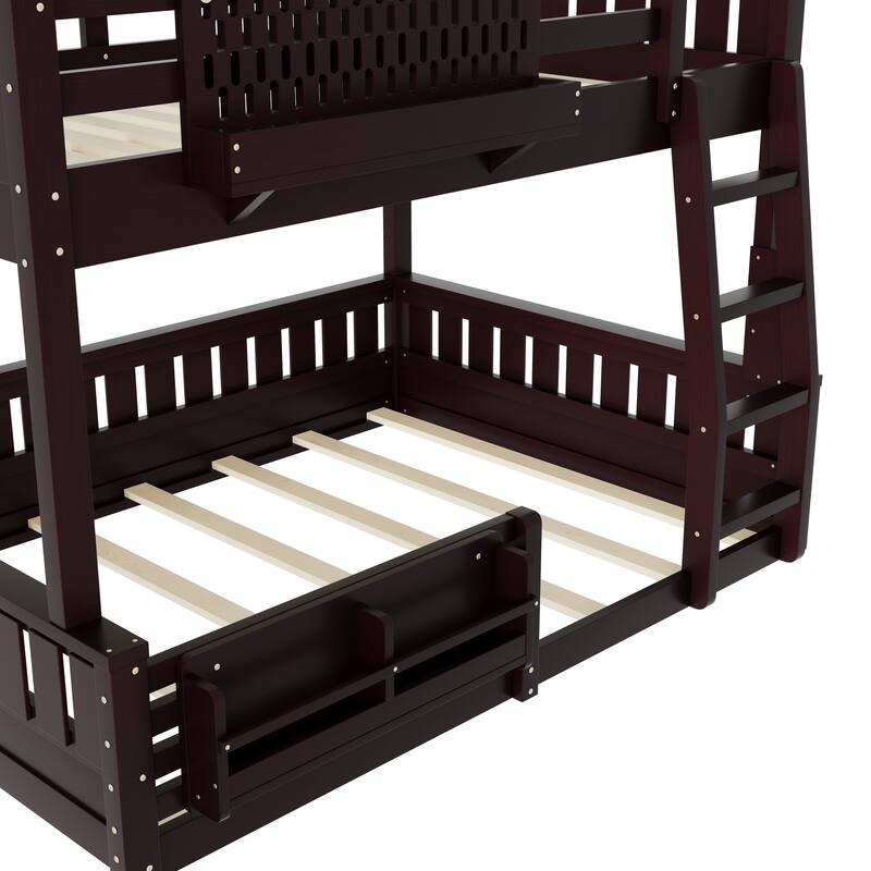 Full XL over Queen/Full over Queen Bunk Bed with Ladder and Guardrails, Pegboard and bookshelf