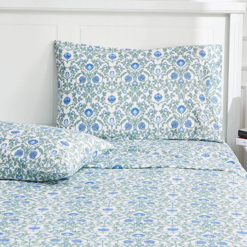 Printed Design Cotton Collection 400 Thread Count Blue Floral Crafted Sheet Set and Pillowcases