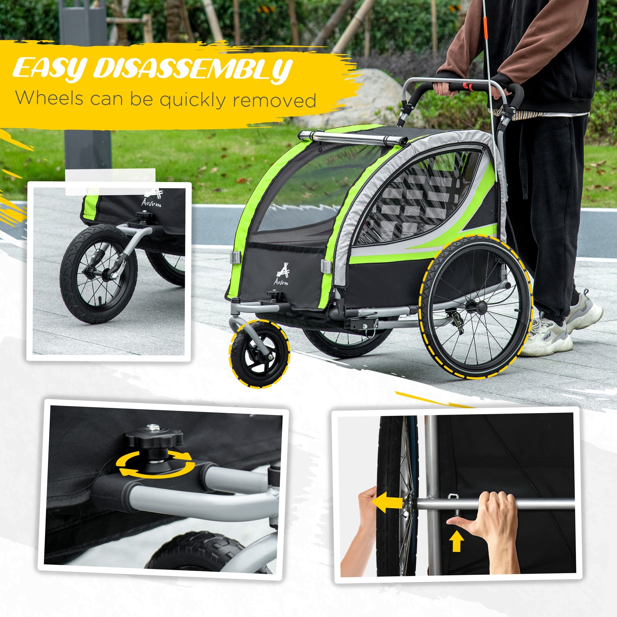 Aosom Child Baby Bike Trailer Kids 2 Seater Bike Stroller Toddler Green