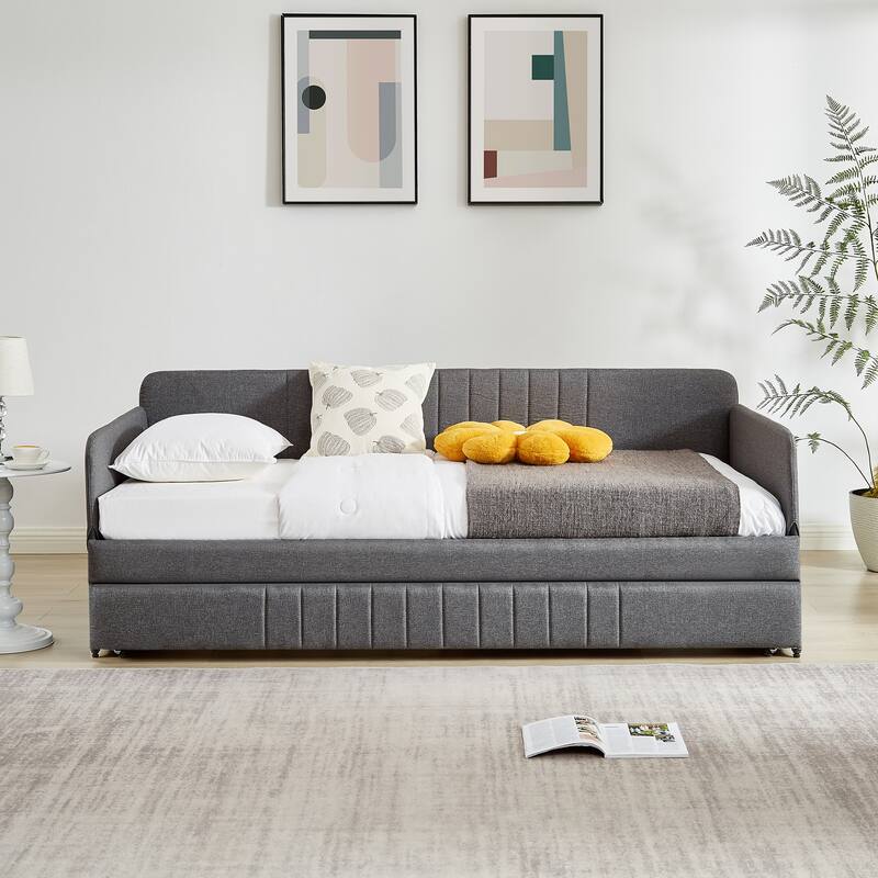 Grey Metal Daybed with Trundle, Twin Size, Space-Saving Design