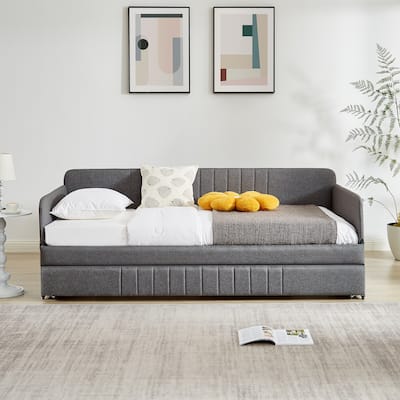 Upholstered Twin Size Living Room Daybed with Trundle Bed, Sturdy Iron Platform Sofa Bed Frame, Noiseless Design