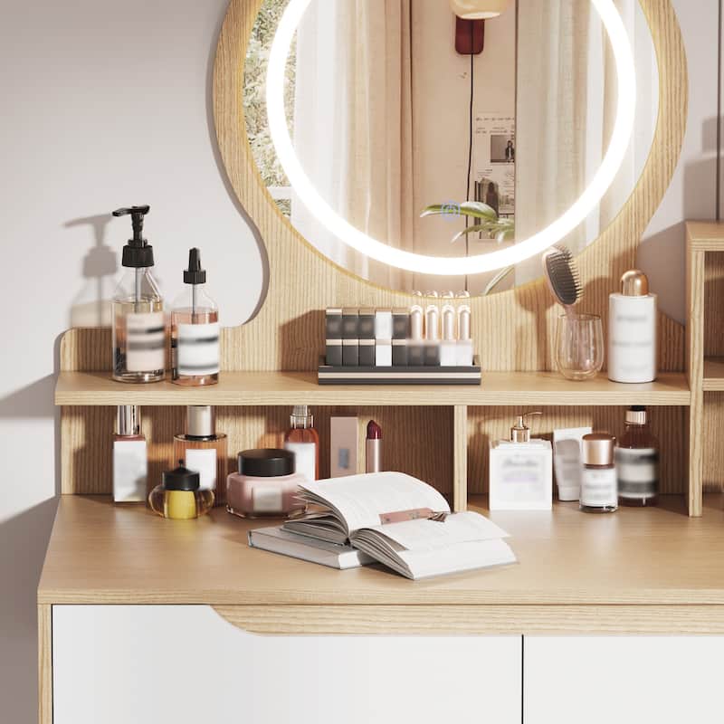 Vanity Desk with Mirror and Lights, Makeup Desk with Solid Wood Table Feet, Dressing Table Set with Drawers and Open Shelves