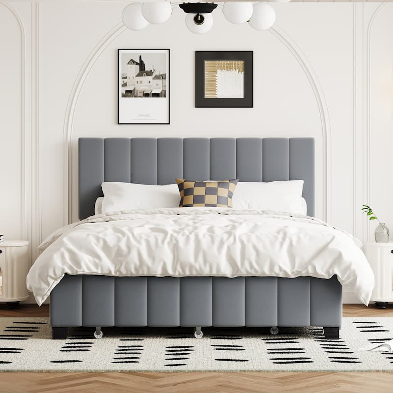 Queen Velvet Upholstered Platform Bed with Drawers & Trundle