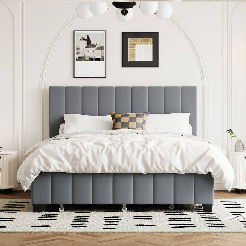 Velvet Upholstered Bed Slat Platform Bed Queen Size Bed Frame with 2 Drawers and Twin XL Trundle, No Box Spring Needed, Grey