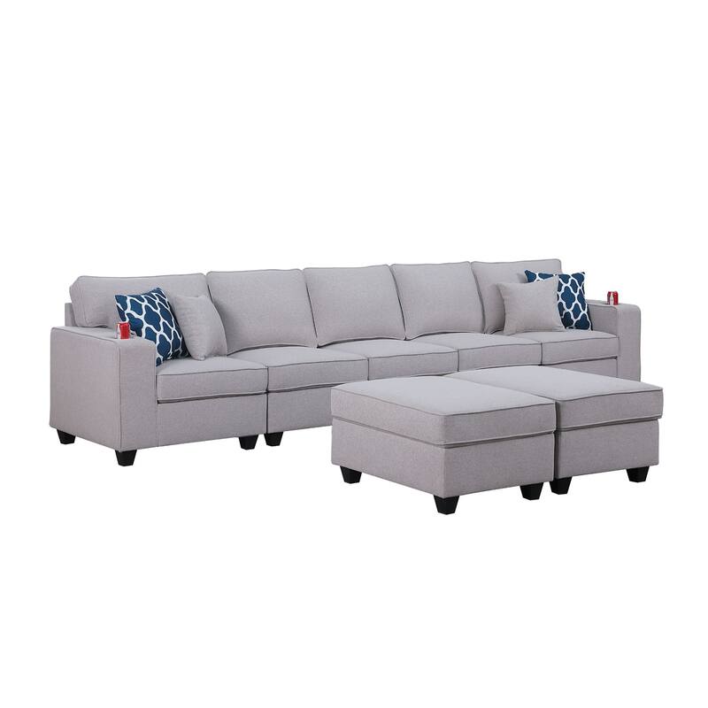 Linen Upholstered 5-Seater Sofa with 2 Ottomans in Light Gray
