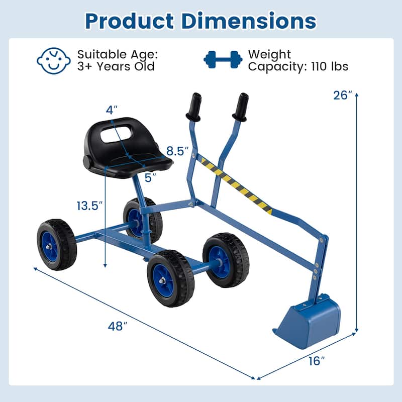 Kids Ride-On Sand Digger Toy with Rotating Seat and Bucket, Metal Frame Excavator for Ages 3+ - 48" x 16" x 26"