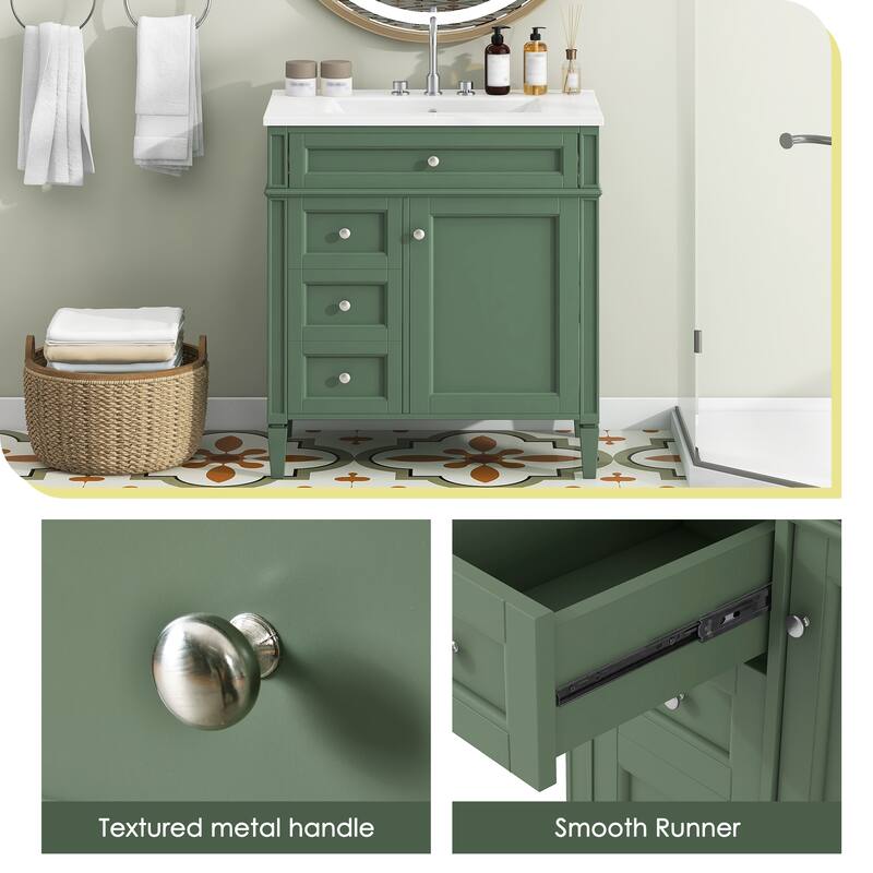 30" Bathroom Vanity Cabinet with Sink, Modern Freestanding Vanity with 2 Storage Drawers, Tip-out Drawer, and Adjustable Shelf