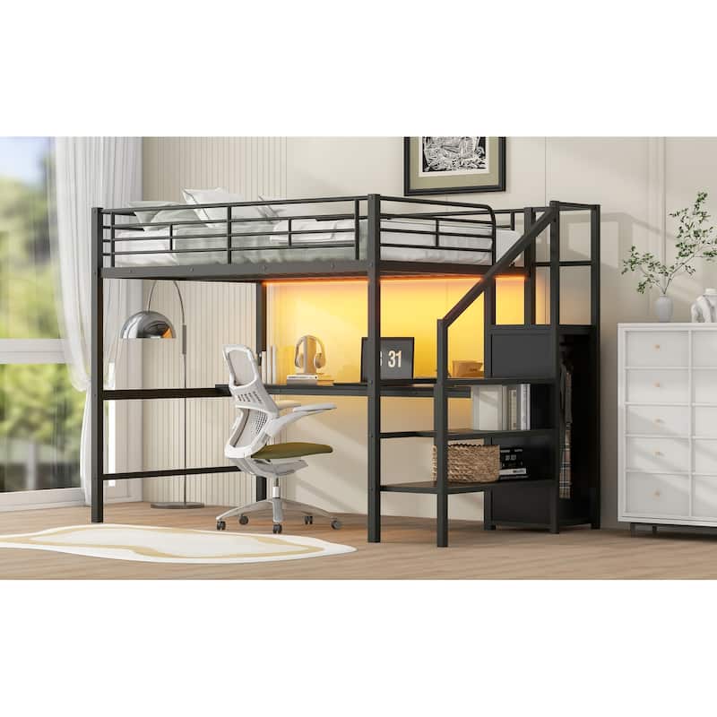 Full Size Metal Loft Bed with Study Desk & Storage Stairs - Space-Saving Design with Wardrobe & LED Light