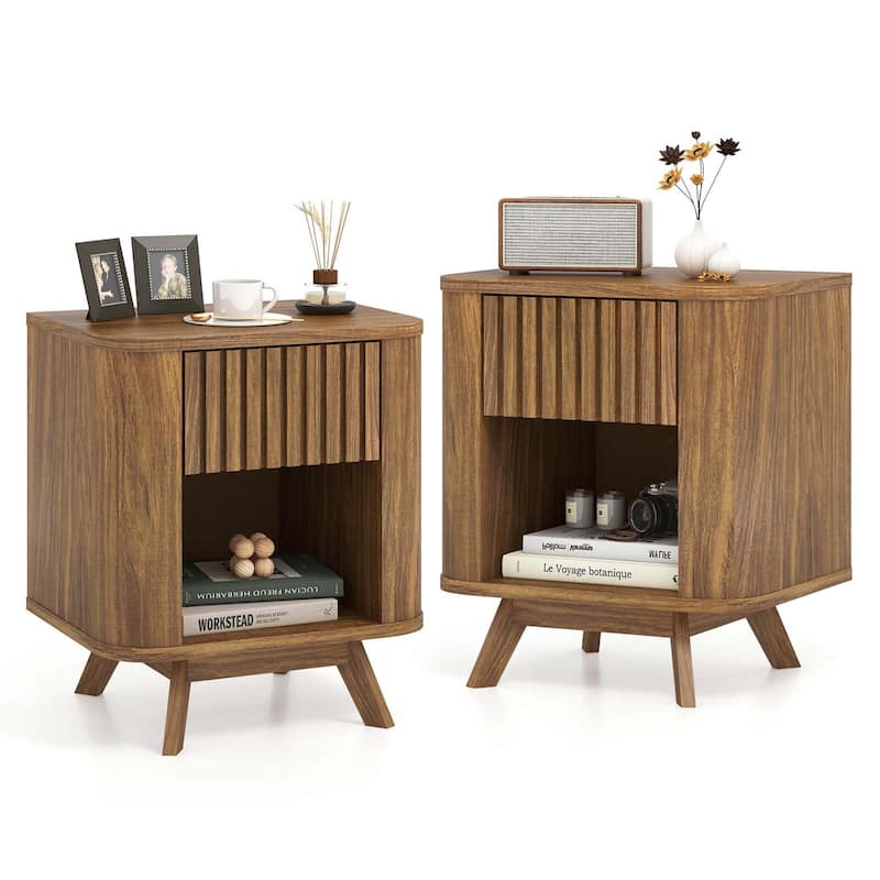 Costway 1/2 PCS Wood Nightstand with Drawer & Open Shelf Storage Home - 2-drawer