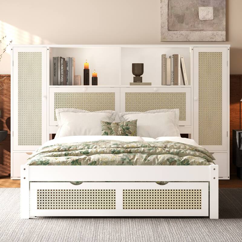 Twin Platform Bed with Rattan Accents, Built-In Headboard Shelf, Drawer, and 2 Storage Cabinets, Wooden Frame - White