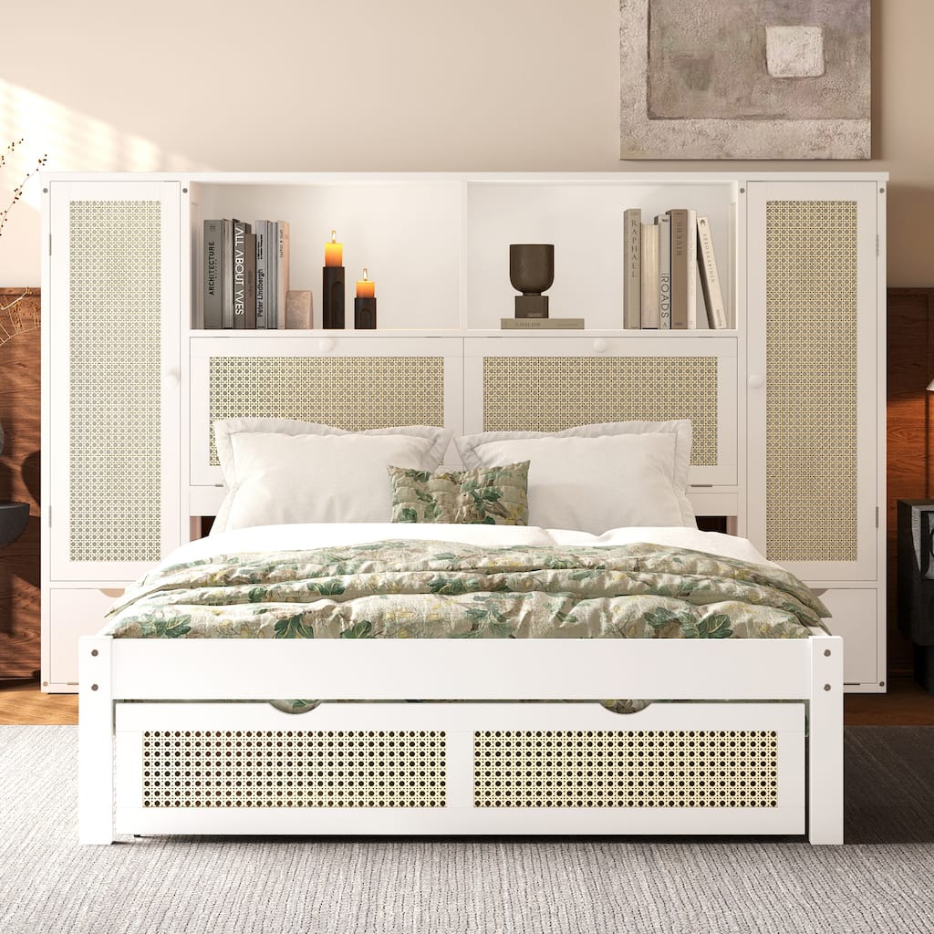 Twin Size Wooden Platform Bed with Storage Lockers, Drawer, and Headboard Shelf, Natural Rattan Design, White