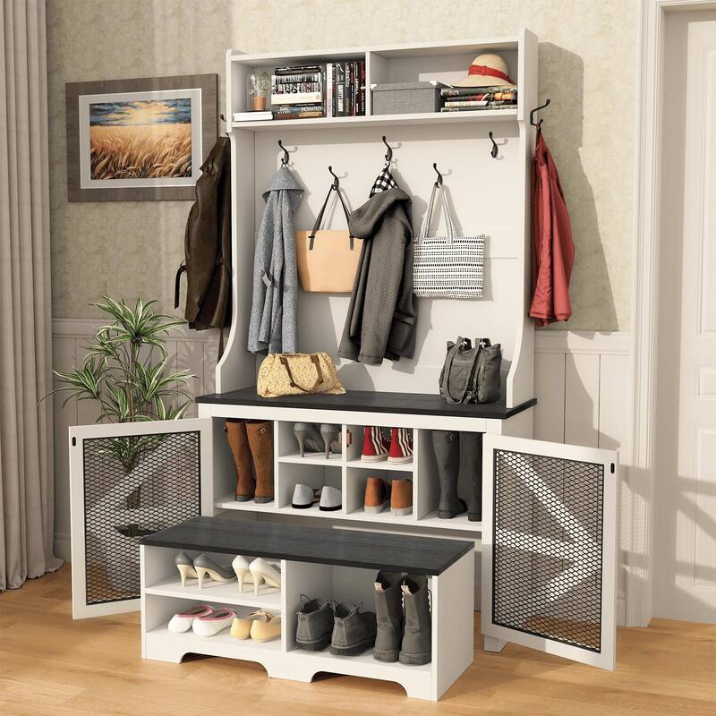 Gymojoy 77" Hall Tree with Bench & Shoe Storage, 4-in-1 Farmhouse Entryway Organizer for Mudroom, Hallway - White