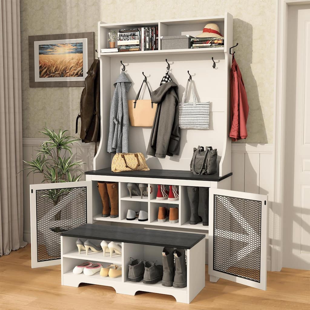 Gymojoy 77" Hall Tree with Bench & Shoe Storage, 4-in-1 Farmhouse Entryway Organizer for Mudroom, Hallway