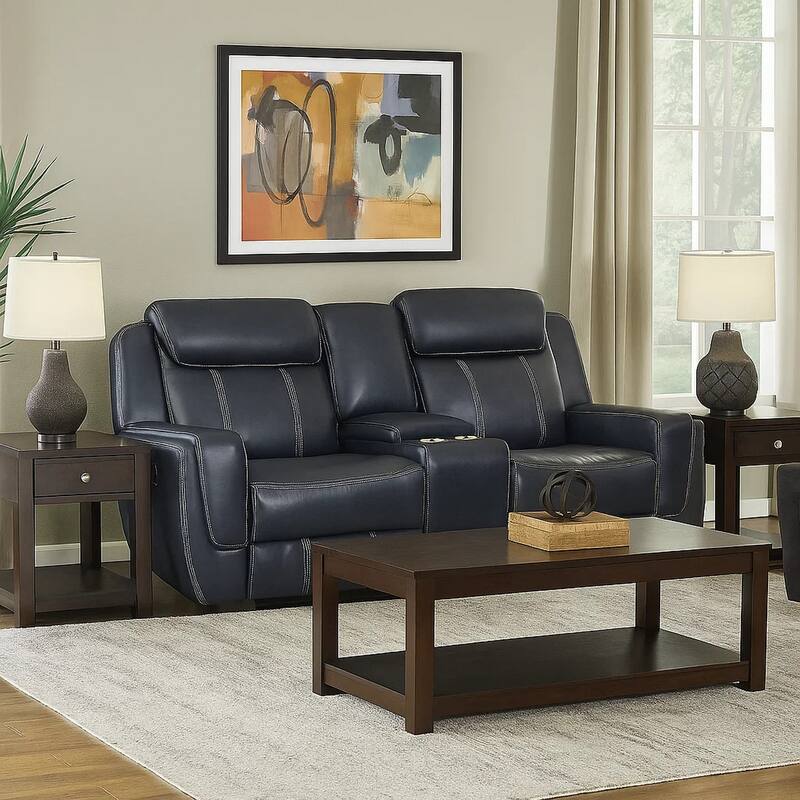 Louise 76 Inch Dual Manual Recliner Loveseat, Cupholder, Blue Faux Leather
