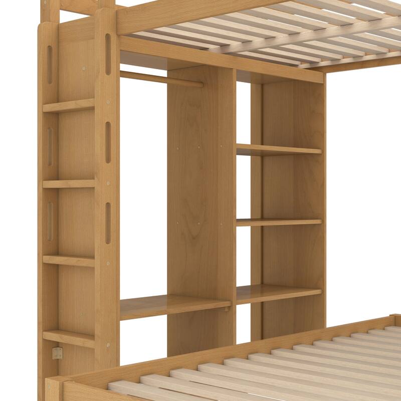 Full Over Twin Bunk Bed with Built-in Desk, Shelves and Wardrobe, Wood Bunk Bed Frame with Platform Bed and Loft Bed