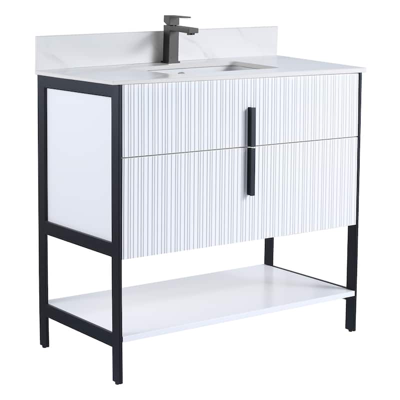 Fine Fixtures Serenity Modern Bathroom Vanity with White Carrara Stone Top - White Matte - Black Hardware - 36 inch