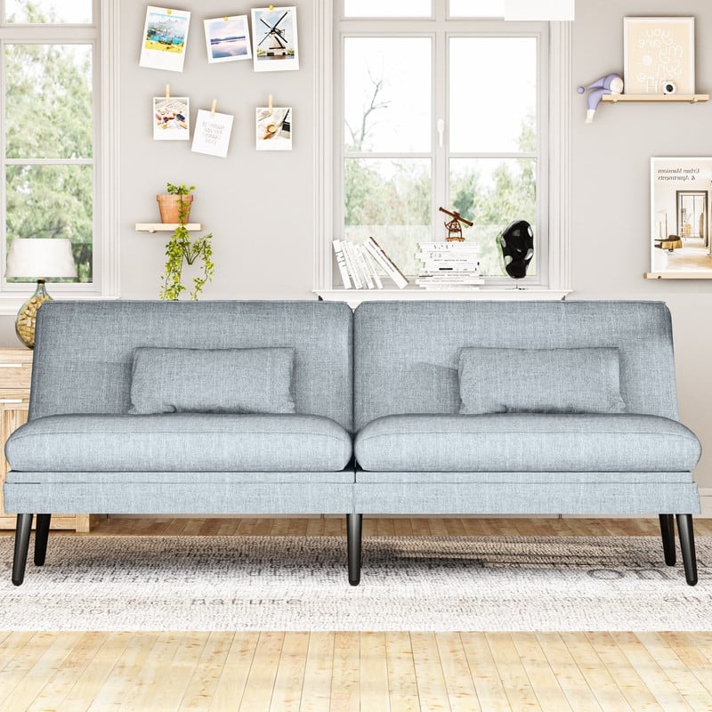Grondin Convertible Futon Sofa Bed, 5-Angle Adjustable Backrest Sleeper Couch with 2 Pillows, Modern Style Recliner Lounge