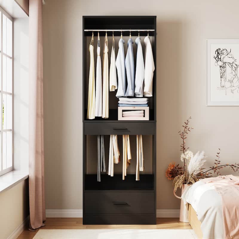 Qvella 23.6'' W Closet System with Hanging Rods and Wooden Drawers, Modular Walk-In Closet Organizer with Pants Rack - Black - Set of 1(23.6'' W)