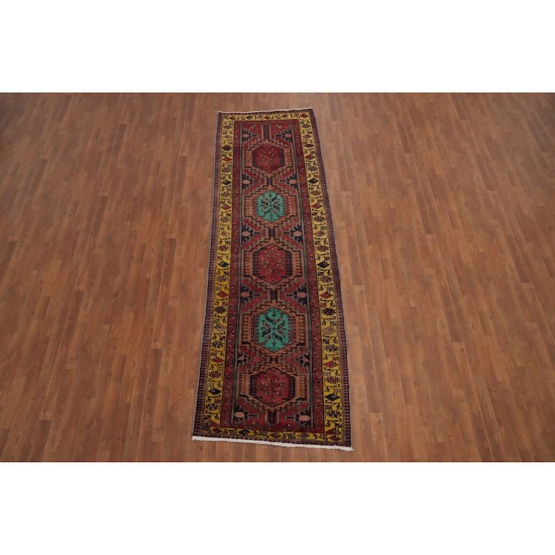 Hand Knotted Oriental 100% Wool Carpet Traditional Geometric Multi-Colored Heriz Runner Rug - 10' 10'' X 3' 5''