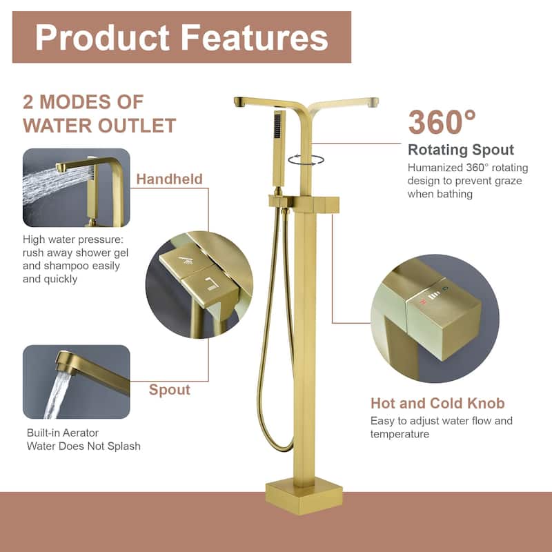 Waterfall Floor Mount Tub Faucet with Handheld Shower Brushed Gold Modern Single Handle Freestanding Bathtub Filler