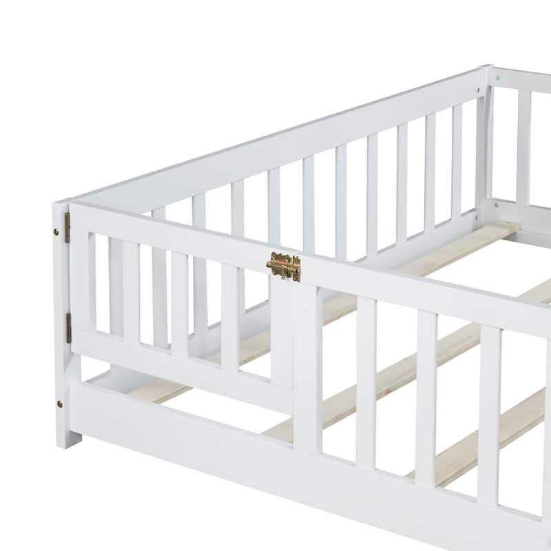 Full Size Floor Bed with Fence and Door,Rubber Wood Floor Bed with Safety Guardrails