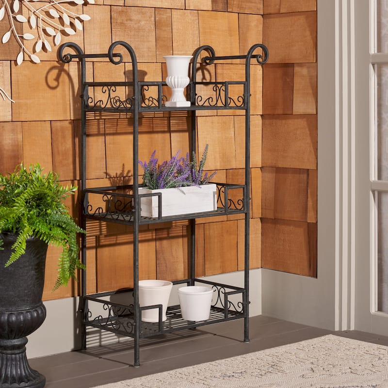 SAFAVIEH Outdoor Abigale Victorian Scroll Iron 3-Tier Shelf - 28"W x 12"D x 42"H - Black