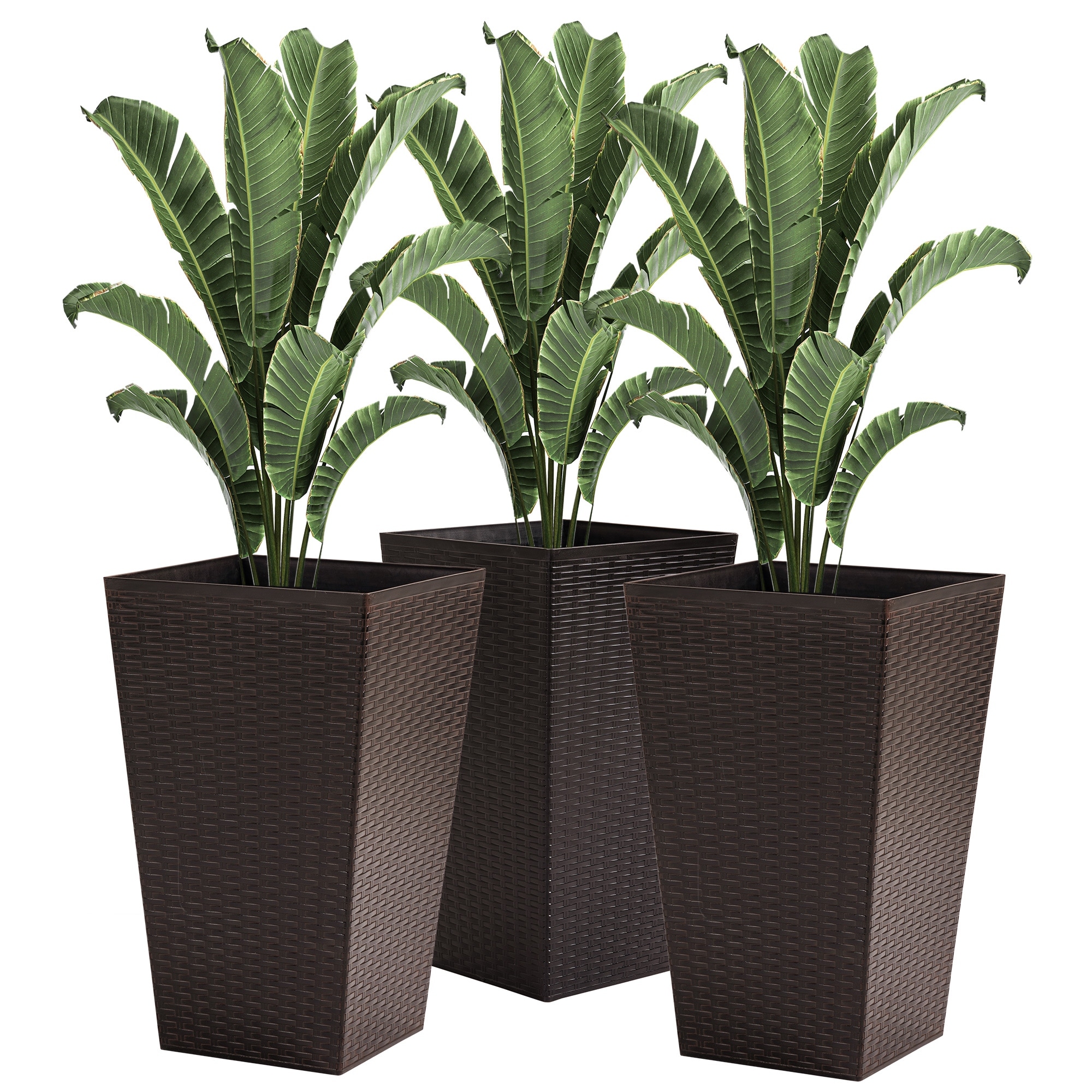 Set of 3 Rattan-Like Indoor/Outdoor Planters with Self-Drainage, Plug